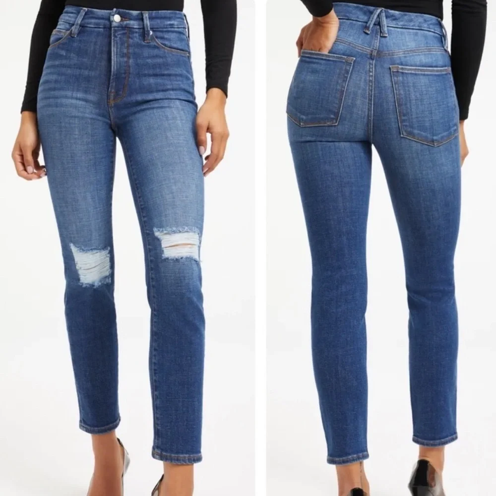 GOOD AMERICAN NWT GOOD CLASSIC 28” INSEAM RIPPED JEANS 0/25 HIGH RISE IN BLUE - Picture 1 of 14